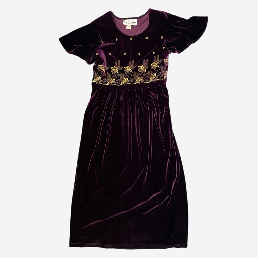 Vintage 90s Another Thyme Plum purple velvet floral embroidered midi medieval L - Picture 8 of 11